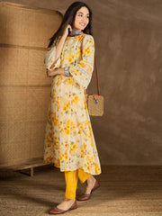 Floral Printed Round Neck Panelled A-Line Kurta With Trousers