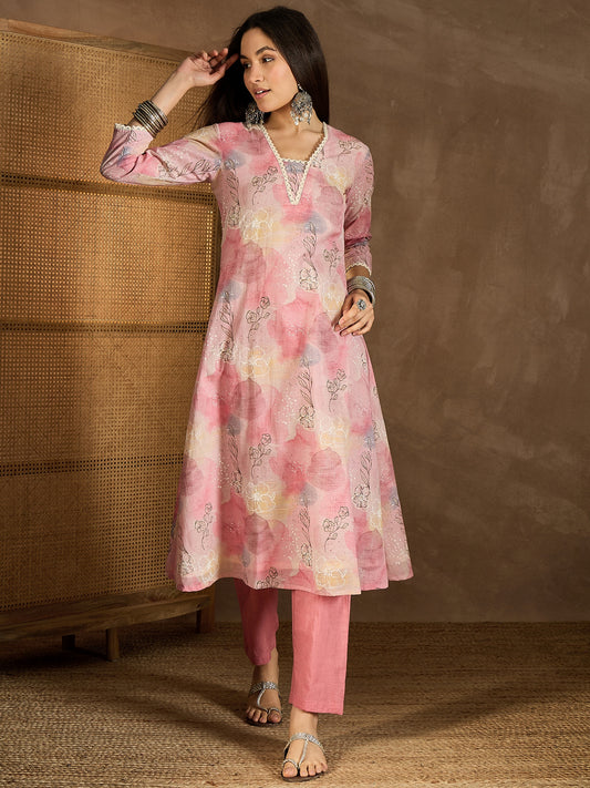 Floral Printed V-Neck A-Line Kurta With Trousers