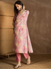 Floral Printed V-Neck A-Line Kurta With Trousers