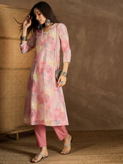Floral Printed V-Neck A-Line Kurta With Trousers