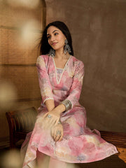 Floral Printed V-Neck A-Line Kurta With Trousers