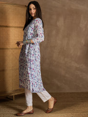 Women Floral Printed Keyhole Neck Gotta Patti Floral Kurta