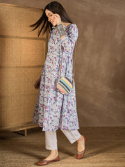 Women Floral Printed Keyhole Neck Gotta Patti Floral Kurta