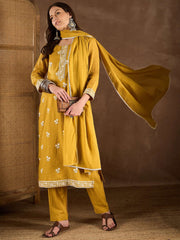 Floral Embroidered Thread Work Straight Kurta With Trousers & Dupatta