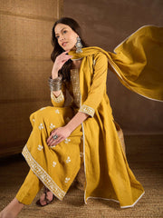 Floral Embroidered Thread Work Straight Kurta With Trousers & Dupatta