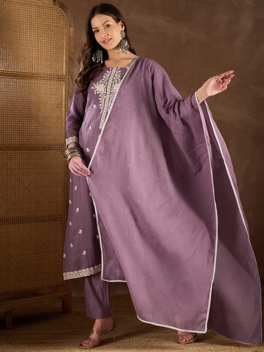 Women Floral Yoke Design Regular Thread Work Kurta with Trousers & With Dupatta