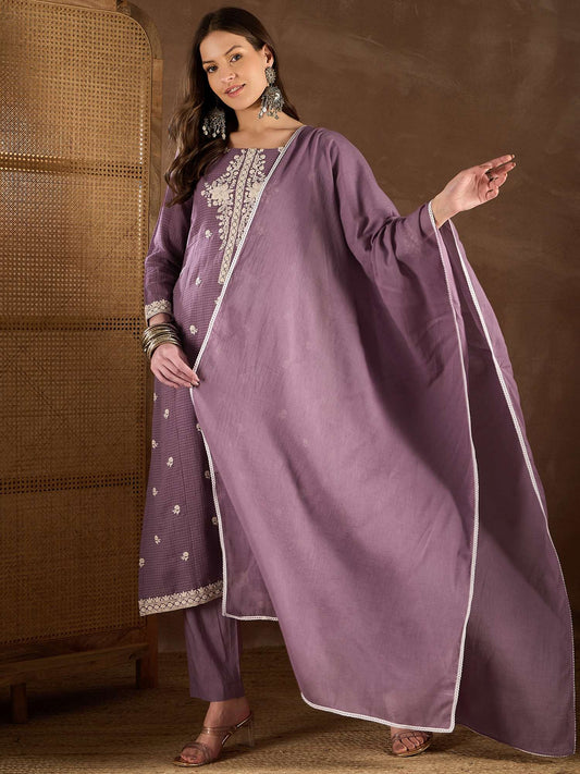 Women Floral Yoke Design Regular Thread Work Kurta with Trousers & With Dupatta