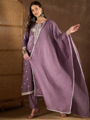 Women Floral Yoke Design Regular Thread Work Kurta with Trousers & With Dupatta