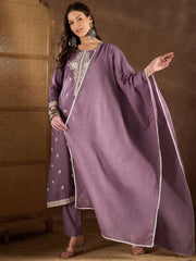 Women Floral Yoke Design Regular Thread Work Kurta with Trousers & With Dupatta