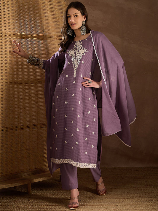 Women Floral Yoke Design Regular Thread Work Kurta with Trousers & With Dupatta