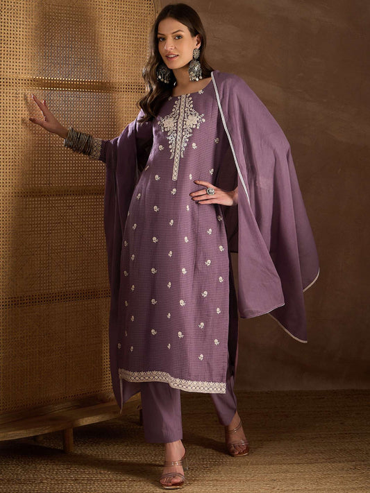 Women Floral Yoke Design Regular Thread Work Kurta with Trousers & With Dupatta