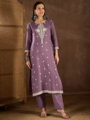 Women Floral Yoke Design Regular Thread Work Kurta with Trousers & With Dupatta