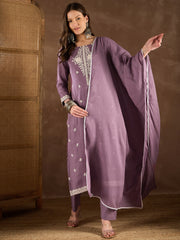 Women Floral Yoke Design Regular Thread Work Kurta with Trousers & With Dupatta