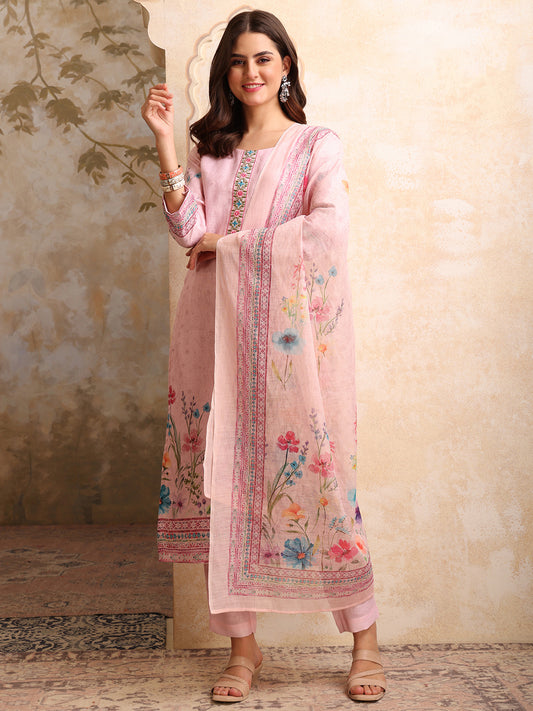 Women Floral Printed Regular Thread Work Linen Kurta with Trousers & With Dupatta