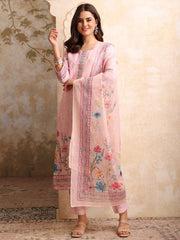Women Floral Printed Regular Thread Work Linen Kurta with Trousers & With Dupatta