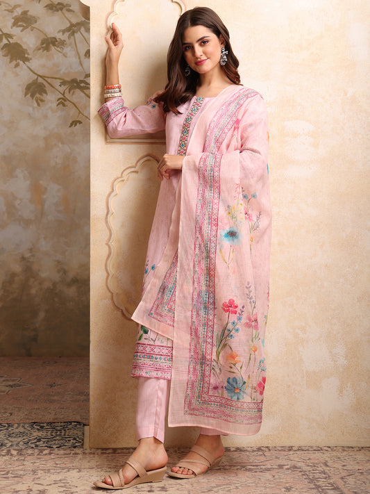 Women Floral Printed Regular Thread Work Linen Kurta with Trousers & With Dupatta
