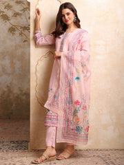 Women Floral Printed Regular Thread Work Linen Kurta with Trousers & With Dupatta