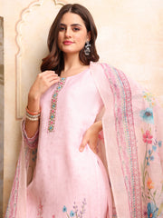 Women Floral Printed Regular Thread Work Linen Kurta with Trousers & With Dupatta