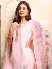 Women Floral Printed Regular Thread Work Linen Kurta with Trousers & With Dupatta