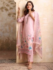 Women Floral Printed Regular Thread Work Linen Kurta with Trousers & With Dupatta