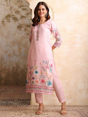Women Floral Printed Regular Thread Work Linen Kurta with Trousers & With Dupatta