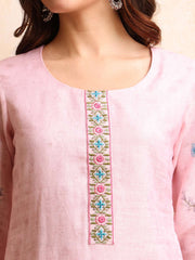 Women Floral Printed Regular Thread Work Linen Kurta with Trousers & With Dupatta