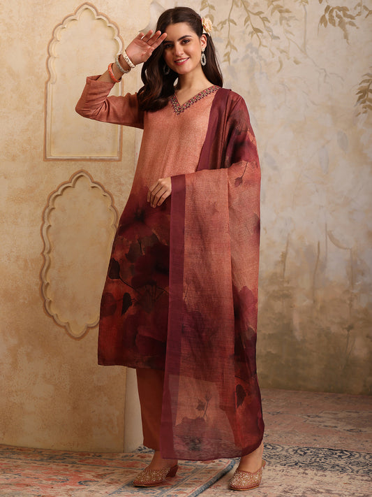 Women Floral Printed Regular Thread Work Linen Kurta with Trousers & With Dupatta