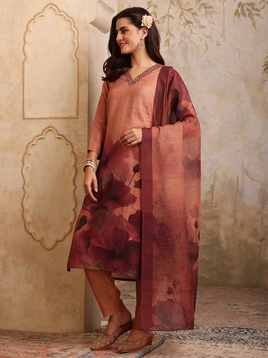 Women Floral Printed Regular Thread Work Linen Kurta with Trousers & With Dupatta