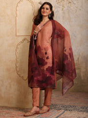 Women Floral Printed Regular Thread Work Linen Kurta with Trousers & With Dupatta