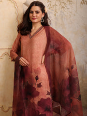 Women Floral Printed Regular Thread Work Linen Kurta with Trousers & With Dupatta