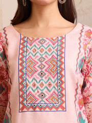 Women Printed Regular Mirror Work Linen Kurta with Trousers & With Dupatta