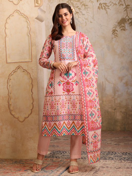 Women Printed Regular Mirror Work Linen Kurta with Trousers & With Dupatta