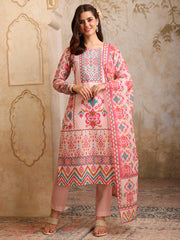Women Printed Regular Mirror Work Linen Kurta with Trousers & With Dupatta