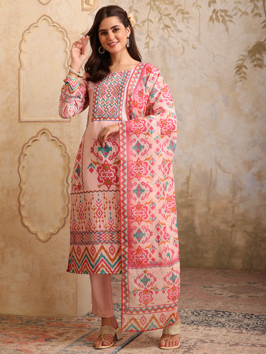 Women Printed Regular Mirror Work Linen Kurta with Trousers & With Dupatta