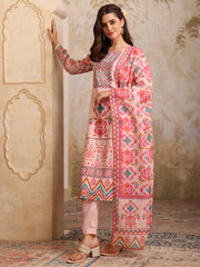 Women Printed Regular Mirror Work Linen Kurta with Trousers & With Dupatta
