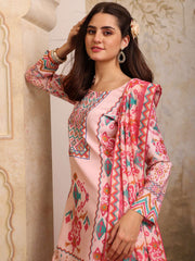 Women Printed Regular Mirror Work Linen Kurta with Trousers & With Dupatta