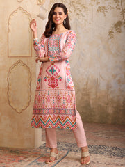 Women Printed Regular Mirror Work Linen Kurta with Trousers & With Dupatta