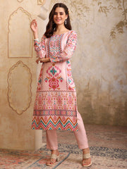 Women Printed Regular Mirror Work Linen Kurta with Trousers & With Dupatta