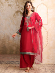 Floral Embroidered V Neck Sequinned Straight Kurta With Palazzos & Dupatta