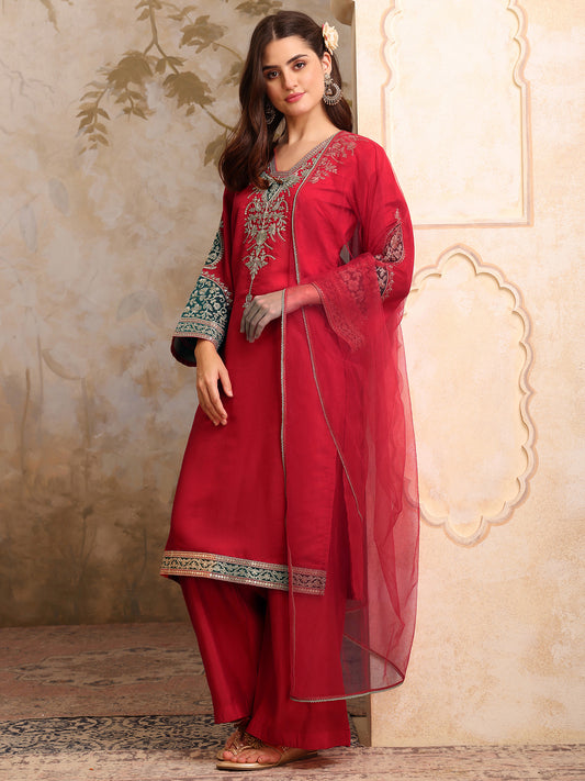 Floral Embroidered V Neck Sequinned Straight Kurta With Palazzos & Dupatta