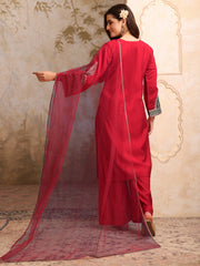 Floral Embroidered V Neck Sequinned Straight Kurta With Palazzos & Dupatta