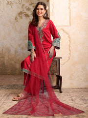 Floral Embroidered V Neck Sequinned Straight Kurta With Palazzos & Dupatta