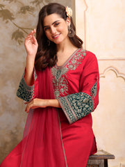 Floral Embroidered V Neck Sequinned Straight Kurta With Palazzos & Dupatta