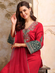 Floral Embroidered V Neck Sequinned Straight Kurta With Palazzos & Dupatta