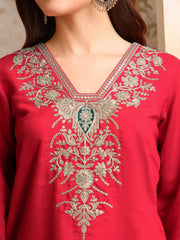 Floral Embroidered V Neck Sequinned Straight Kurta With Palazzos & Dupatta