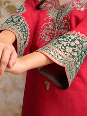 Floral Embroidered V Neck Sequinned Straight Kurta With Palazzos & Dupatta