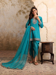 Women Floral Yoke Design Panelled Kurta with Dhoti Pants & With Dupatta