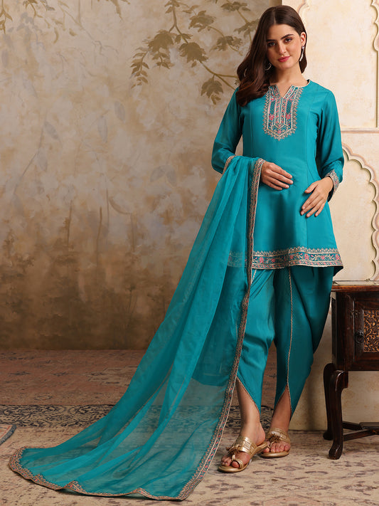 Women Floral Yoke Design Panelled Kurta with Dhoti Pants & With Dupatta