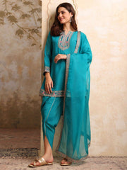 Women Floral Yoke Design Panelled Kurta with Dhoti Pants & With Dupatta