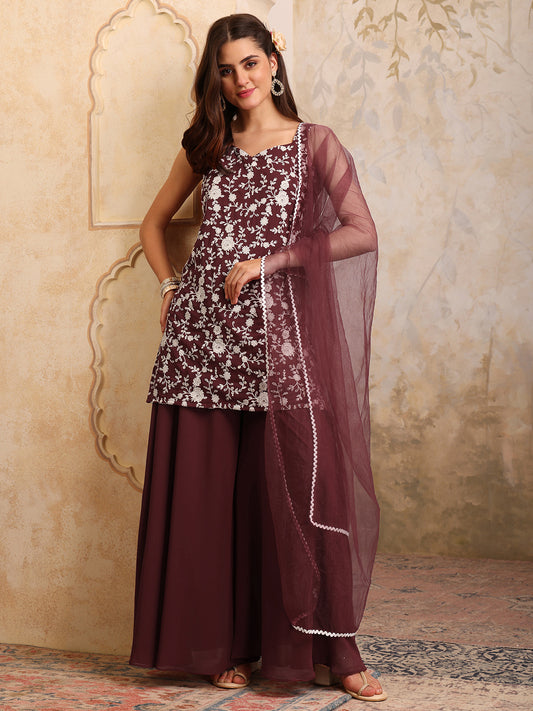 Floral Thread & Sequinned Embroidered Kurta & Palazzos With Dupatta